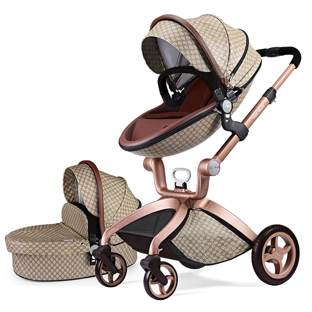 Luxury Baby Stroller with Adjustable Seat, Aluminum Frame, Solid Rubber Tires, Rain Cover, Mosquito Net & Large Storage Basket