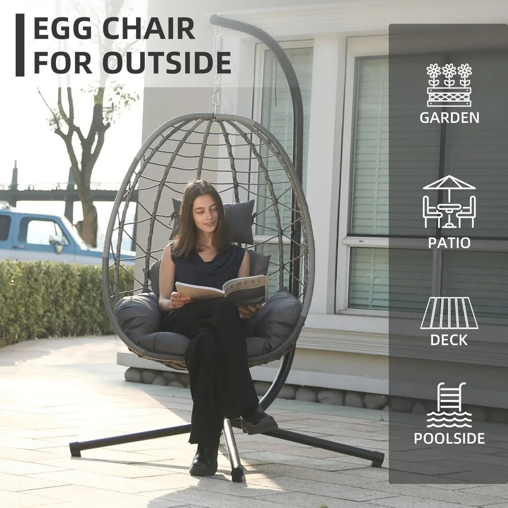 Hanging Egg Chair with Stand, Low Maintenance PE Rattan, Washable & UV Resistant Cushions, Suitable for Indoors or Outdoors