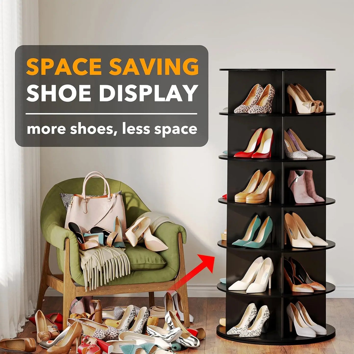 Rotating Shoe Organizer Tower 6-Tier, Space-Saving Vertical Handbag Display, Living Room Spinning Display Case