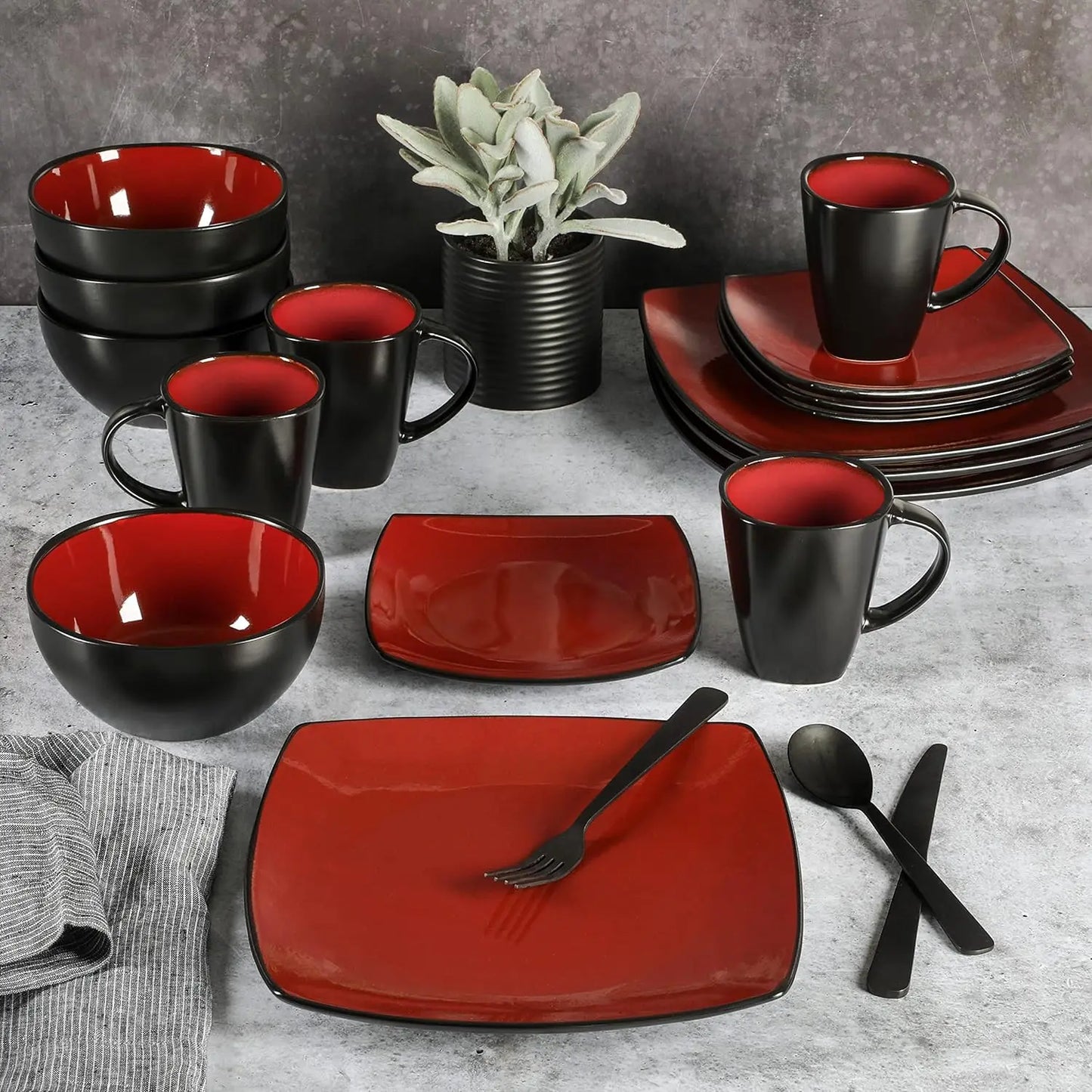 Dinnerware Set, Stoneware/Double Reactive Glaze Red & Black, 16pcs