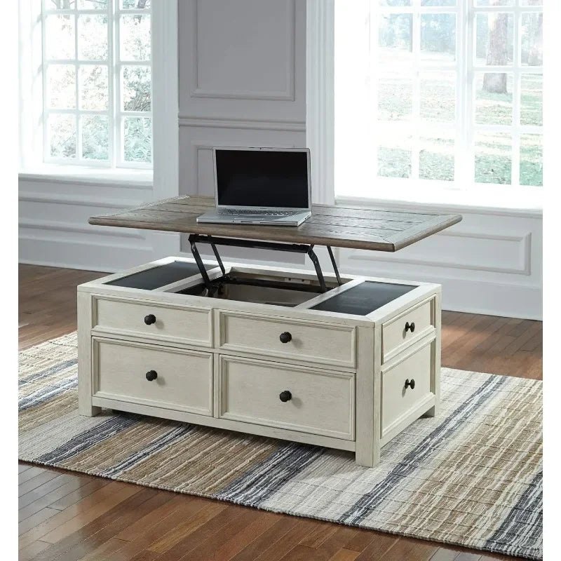 Farmhouse Spring Lift Top Coffee Table with Hidden Storage Area, 4 Smooth Gliding Drawers & Casters