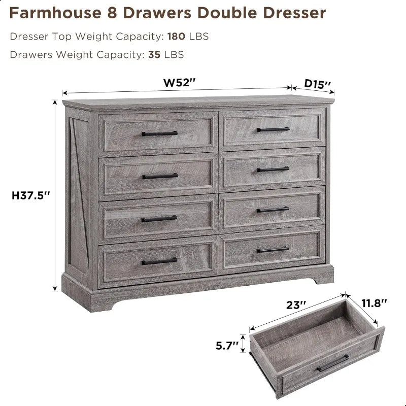 Wood Grain Natural Finish Clothes Chest with 2 Columns of 4 Full-Size Drawers & Wide Metal Matte Handles