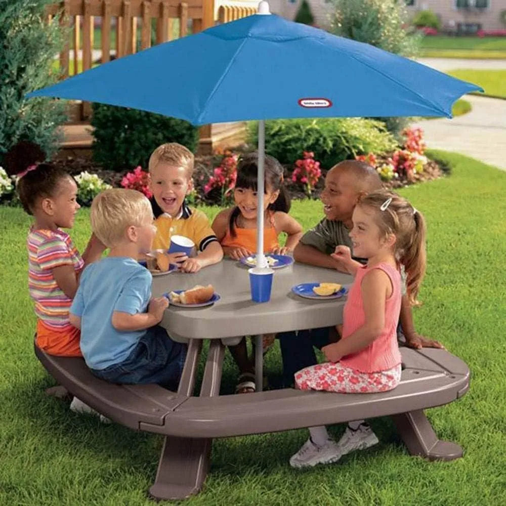 Fold 'n Store Picnic Table with Market Umbrella, Natural Wood Grain Style, 4-Sided Compact Design, Seats 6-8 Children