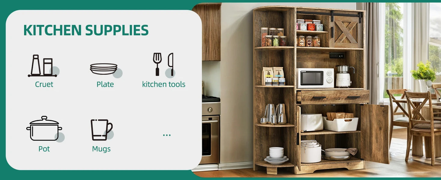 Kitchen Storage Microwave Cabinet with Display Shelves, Drawer, Sliding Barn Door ＆ Power Outlet