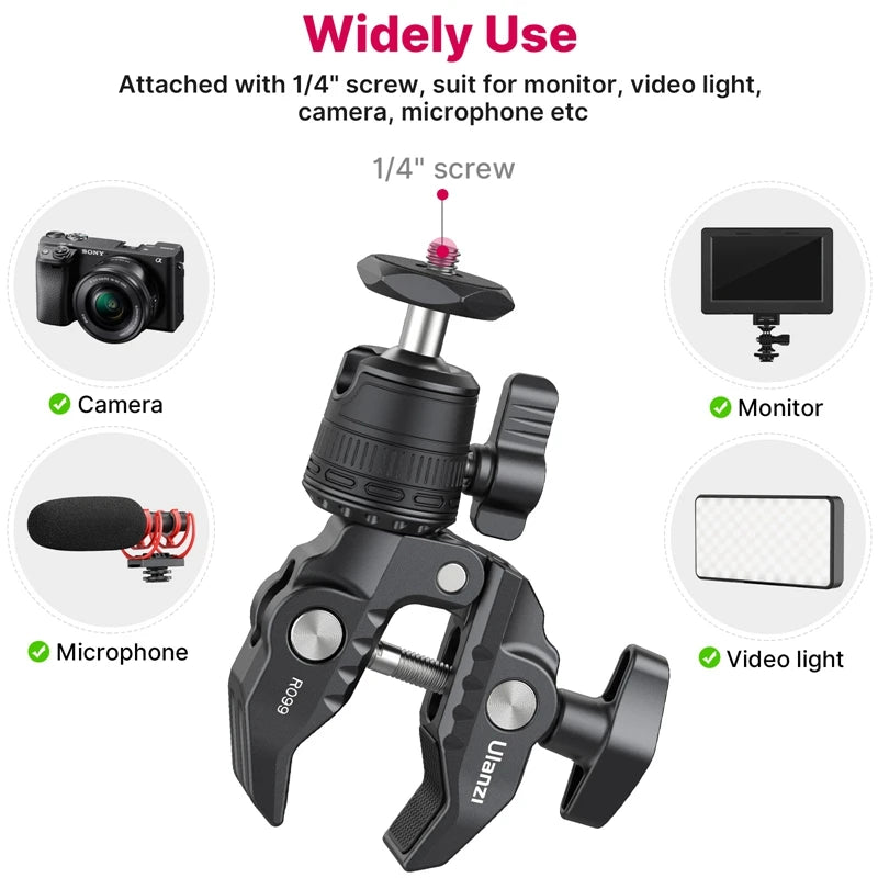 Quick Release Super Clamp with 360° Mini Ball-Head, 1/4" Stud Mount for Cameras, One-Piece Design & User Friendly