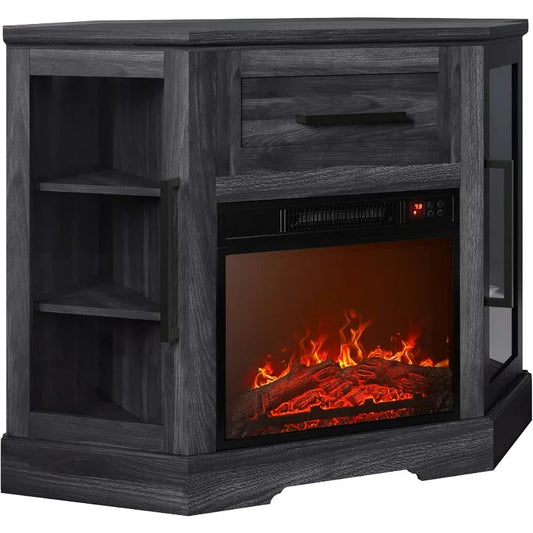 Corner Wood Entertainment Center with 18" LED Display Electric Fireplace Heater, 2 Glass Door Cabinets & 1 Pull-Out Drawer, For TVs up to 43"