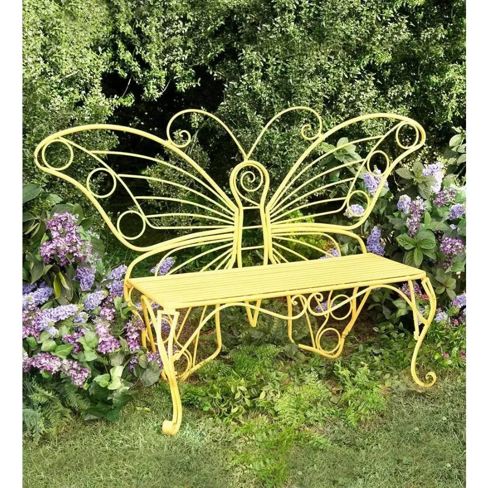 Butterfly Shaped 2 Person Indoor/Outdoor Metal Bench, Colorful Powder-Coated Tubular Frame, Yellow