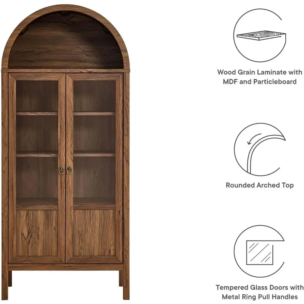 Mid-Century Modern Tall Arched Storage Display Cabinet with Tempered Glass Doors, 1 Fixed Shelf, 2 Adjustable Shelves & Soft-Close Hinges