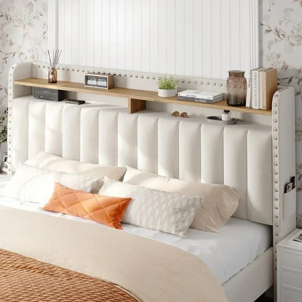 Queen Size Bed Frame with 2 Roll Out Drawers, Upholstered Headboard & Storage, No Box Spring Needed