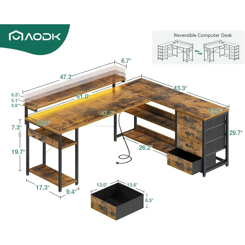 Reversible 61" Corner Computer Desk with 4 Drawers, Recessed Power Outlet & RGB LED Lights, Height Adjustable Monitor Stand