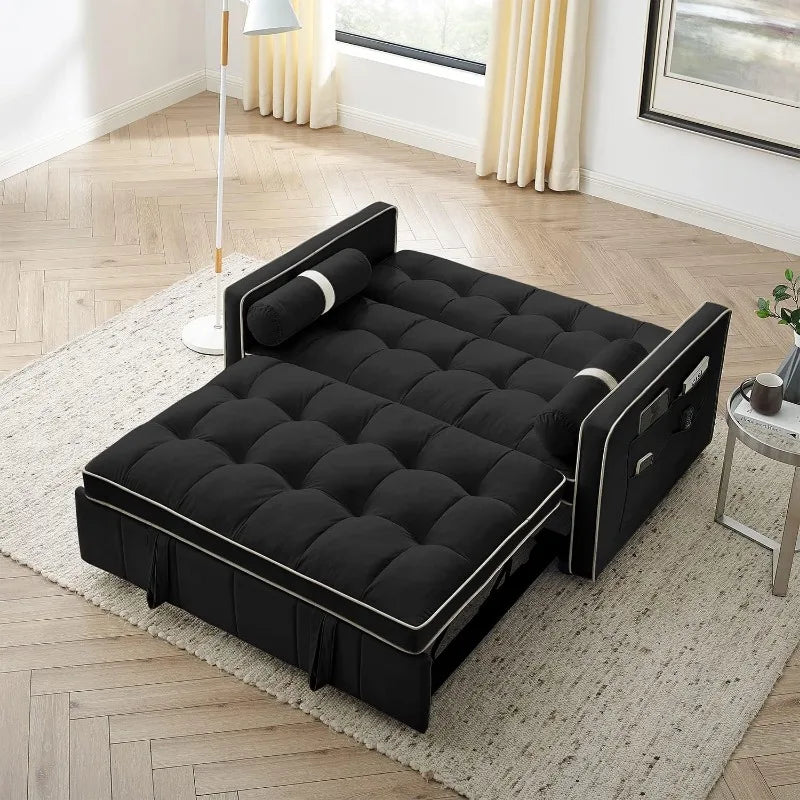 Sleeper Sofa Couch Bed, 3-in-1, Tufted Velvet Convertible Loveseat with Pullout Bed, Adjustable Backrest