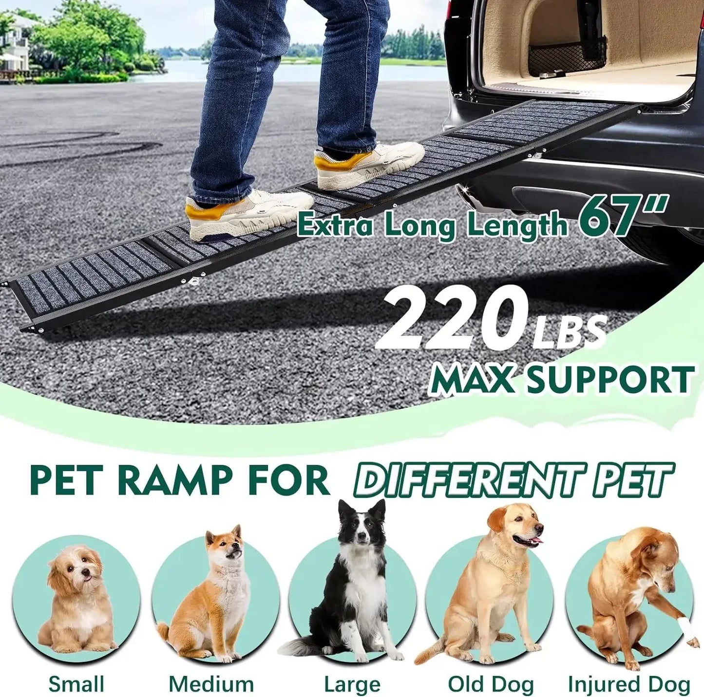 Foldable Dog Ramp 67" with Non Slip Rug Surface, Portable