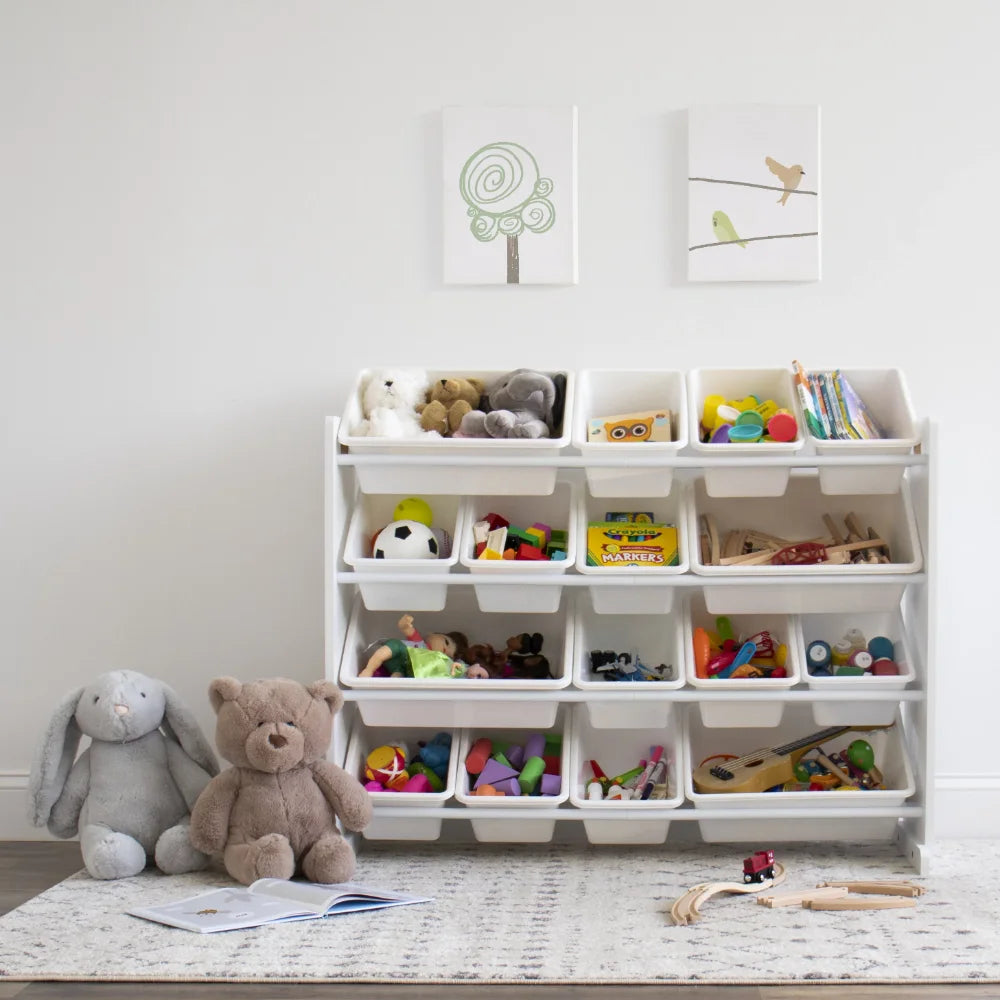 Kids Natural Wood Toy Storage Organizer with 4 Tiered Shelves & 16 White Plastic Storage Bins