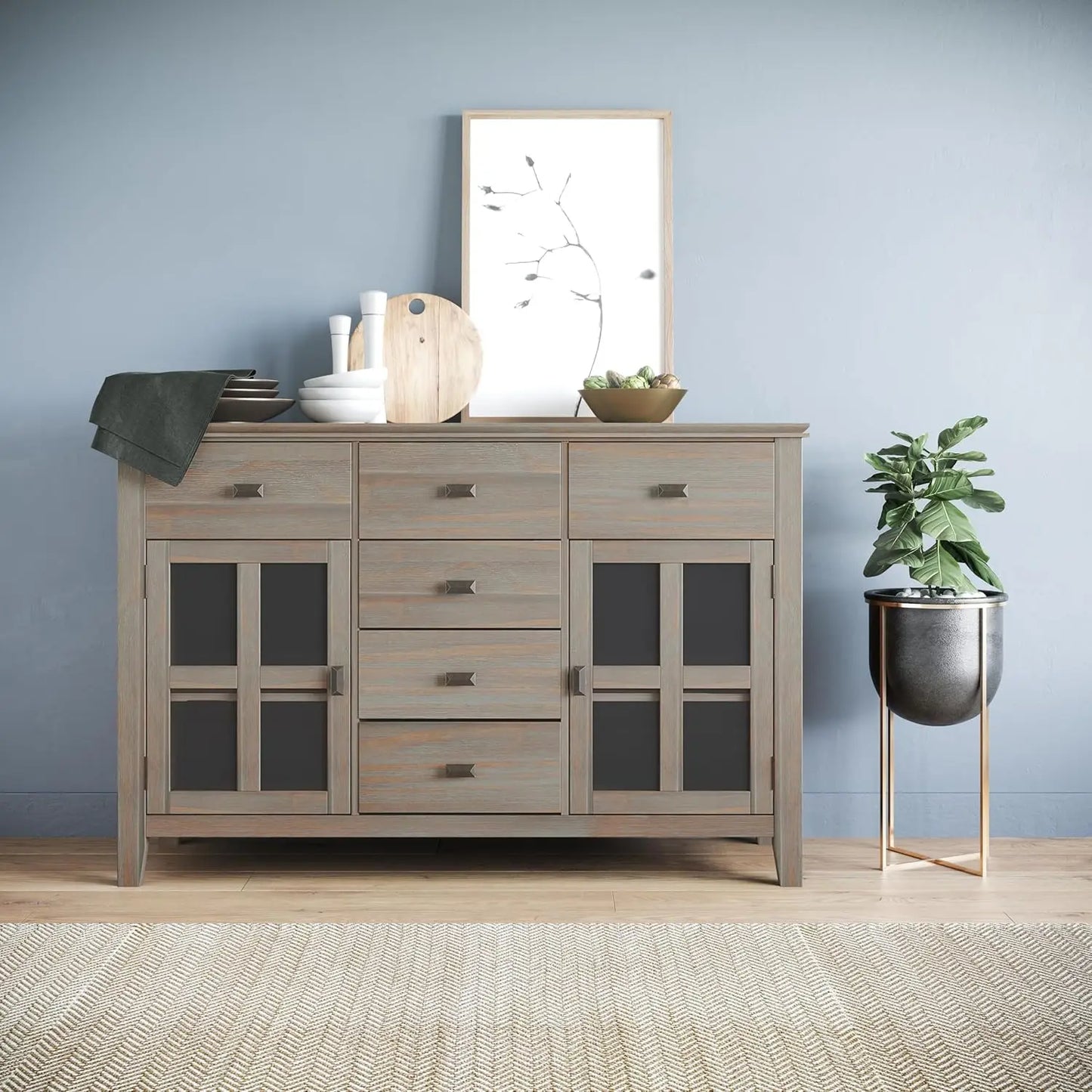 Artisan Solid Pine Wood 54" Transitional Sideboard Buffet, 6 Drawers, 2 Cabinets with Doors, Rectangular Antique Bronze Knobs & Square Legs