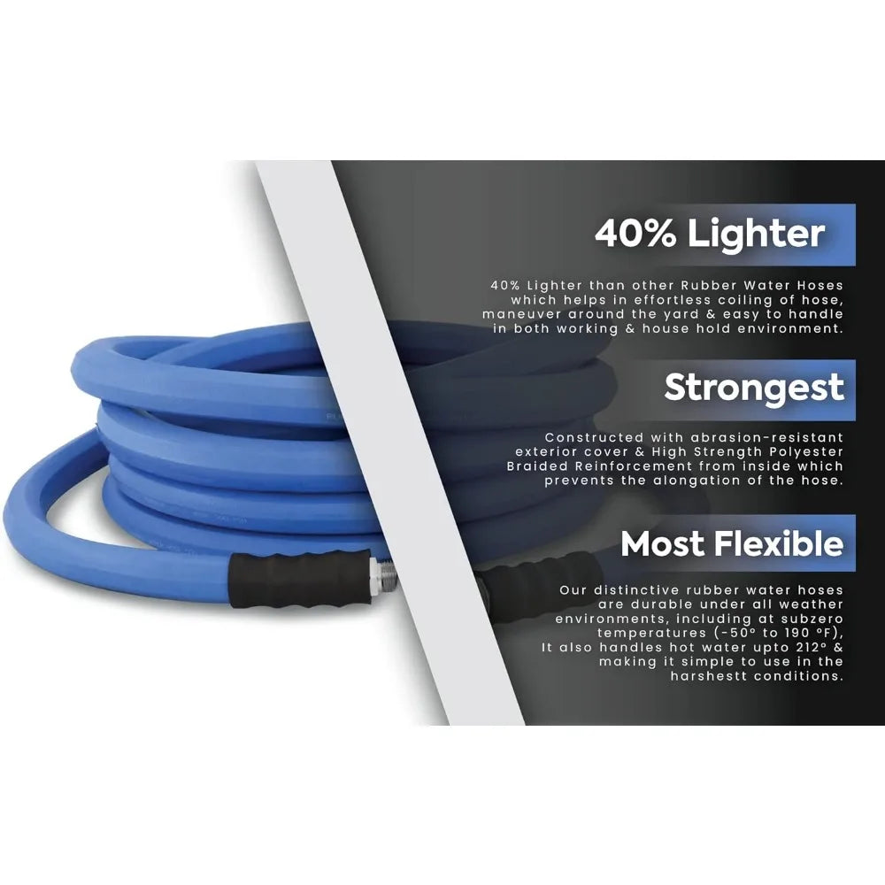 Ultra-Light Rubber Garden Hose 3/4" x 100', Flexibility Until -50°F, 500psi Working Pressure, 10-Year Replacement Warranty