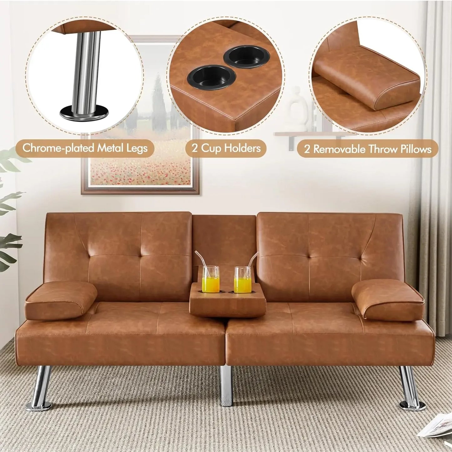 Artificial Leather Sofa Bed with Drop-Down Cup Holders & 2 Throw Pillows, Adjustable Backrest Lays Flat to Create a Platform Bed