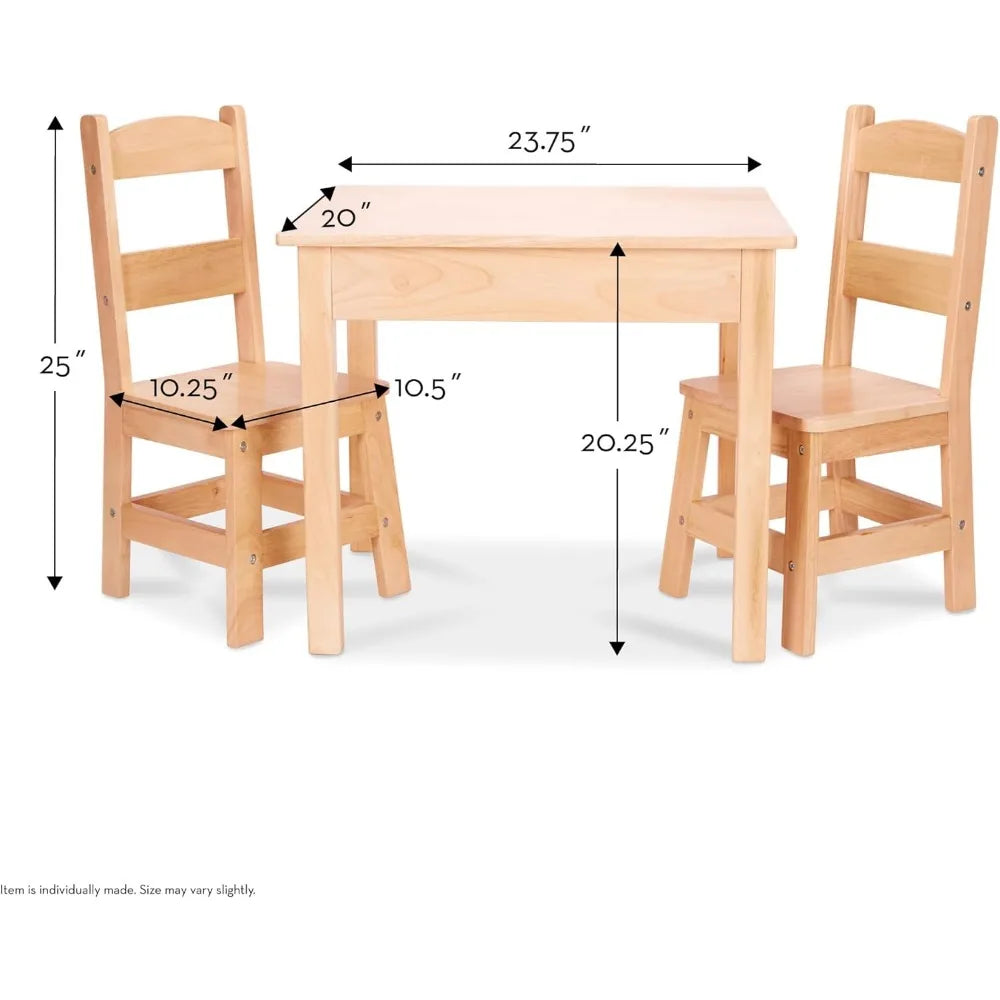 Solid Wood Table & 2 Chairs Set, High Quality Furniture for Kids 3-8 Years Old, Natural Wood Finish