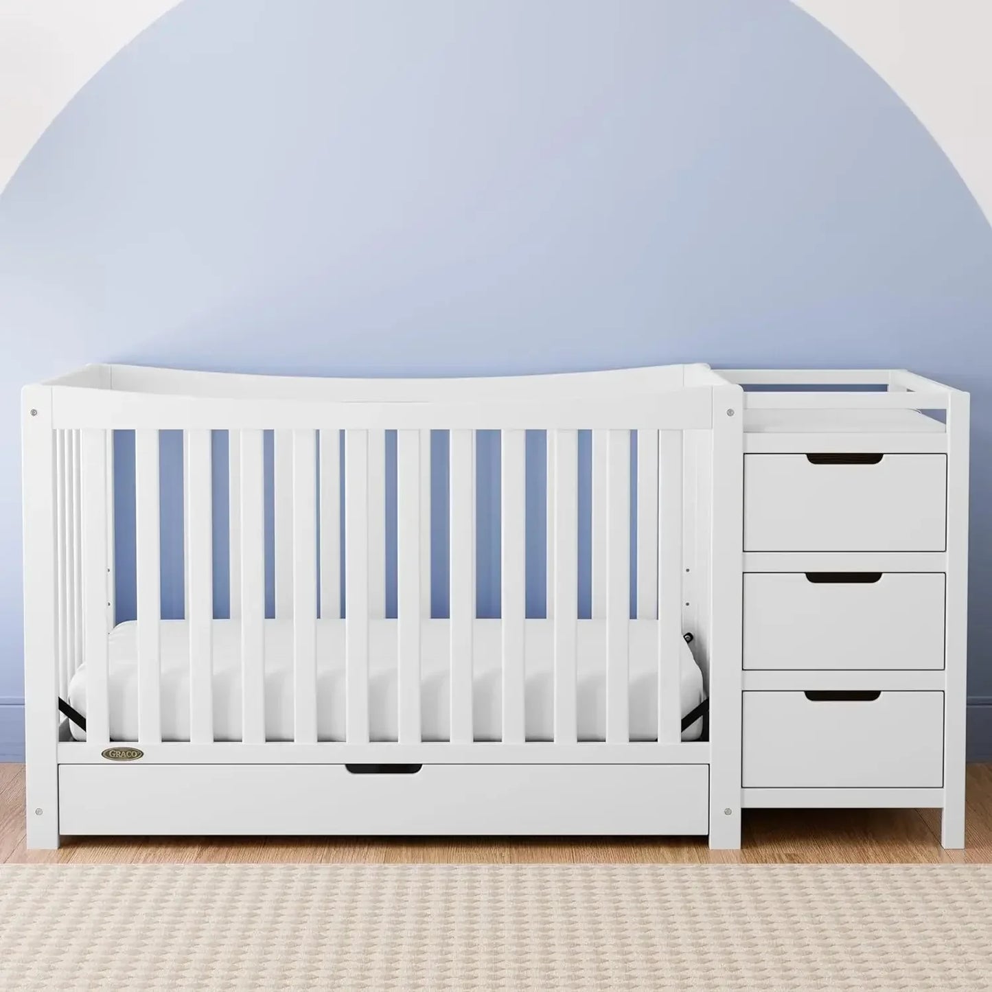 Convertible Crib & Changing Table 4-In-1 with Full-Size Bottom Drawer, 3 Enclosed Storage Drawers & 2 Open Shelves