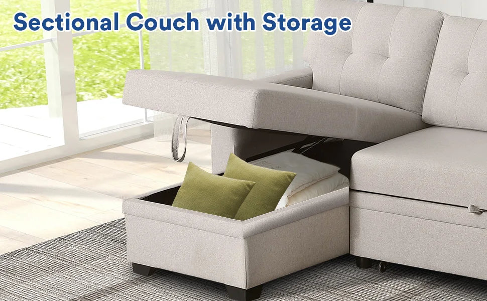 L-Shaped Chaise Couch with Storage & Pull Out Bed, Multifunctional Comfy Sectional Sleeper Sofa