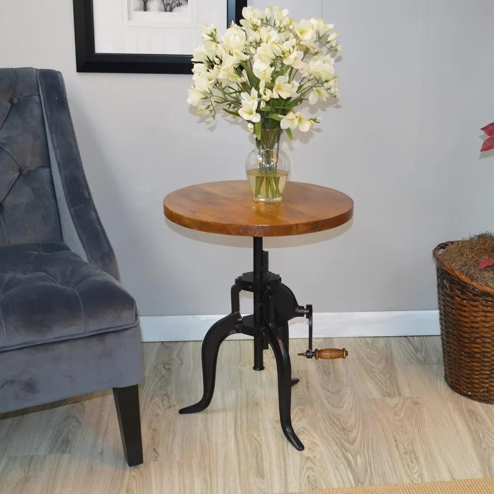 Adjustable Crank Accent End Table with Black Iron Frame, 18" Diameter Mango Wood Tabletop & 19"-28" Adjustable Height