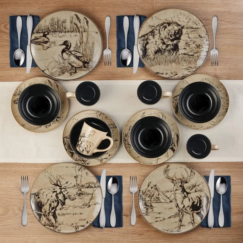 Animal Print 16pc Dinnerware Set, Black & Beige