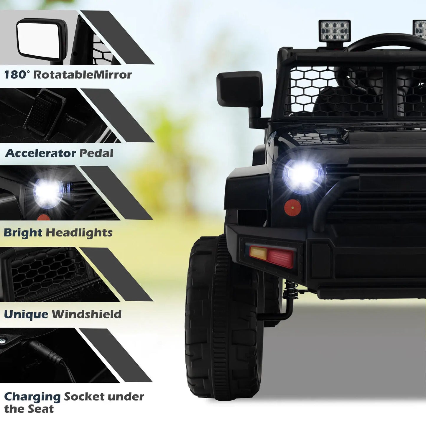 Midnight Edition Electric 12V Kids Ride On with 4 Spring Shocks, Remote Control, Lockable Doors & Screen Style Windshield