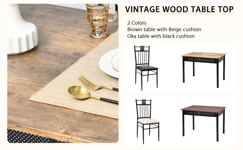 5-Piece Dining Table & Chair Set with Vintage Wood Finish Table Top, Metal Frame & Upholstered Seat Chairs