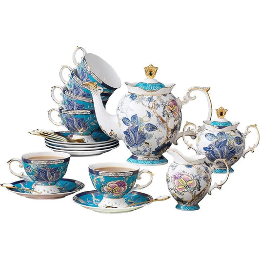 Vintage Style Blue & White Floral Bone China Tea Set, 21 Piece Set with Golden Gilding for 6 Adults