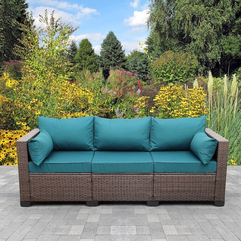 Patio PE Wicker 3-Seat Outdoor Rattan Couch, Deep Seating Sofa with Steel Frame, Non-Slip 4" Thick Cushions & Adjustable Leg Feet