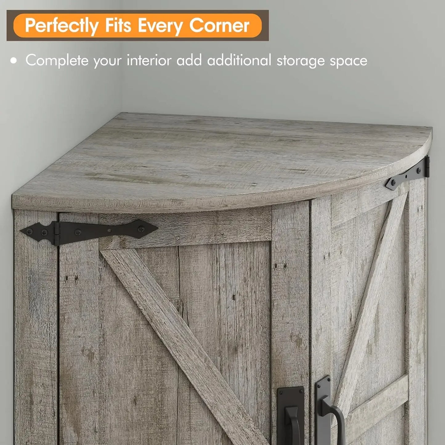 Space Saver Corner Cabinet with Right-Angle Design, 2 Enclosed Cupboards with 4 Barn Style Doors & Open Storage Shelf, Weathered Finish