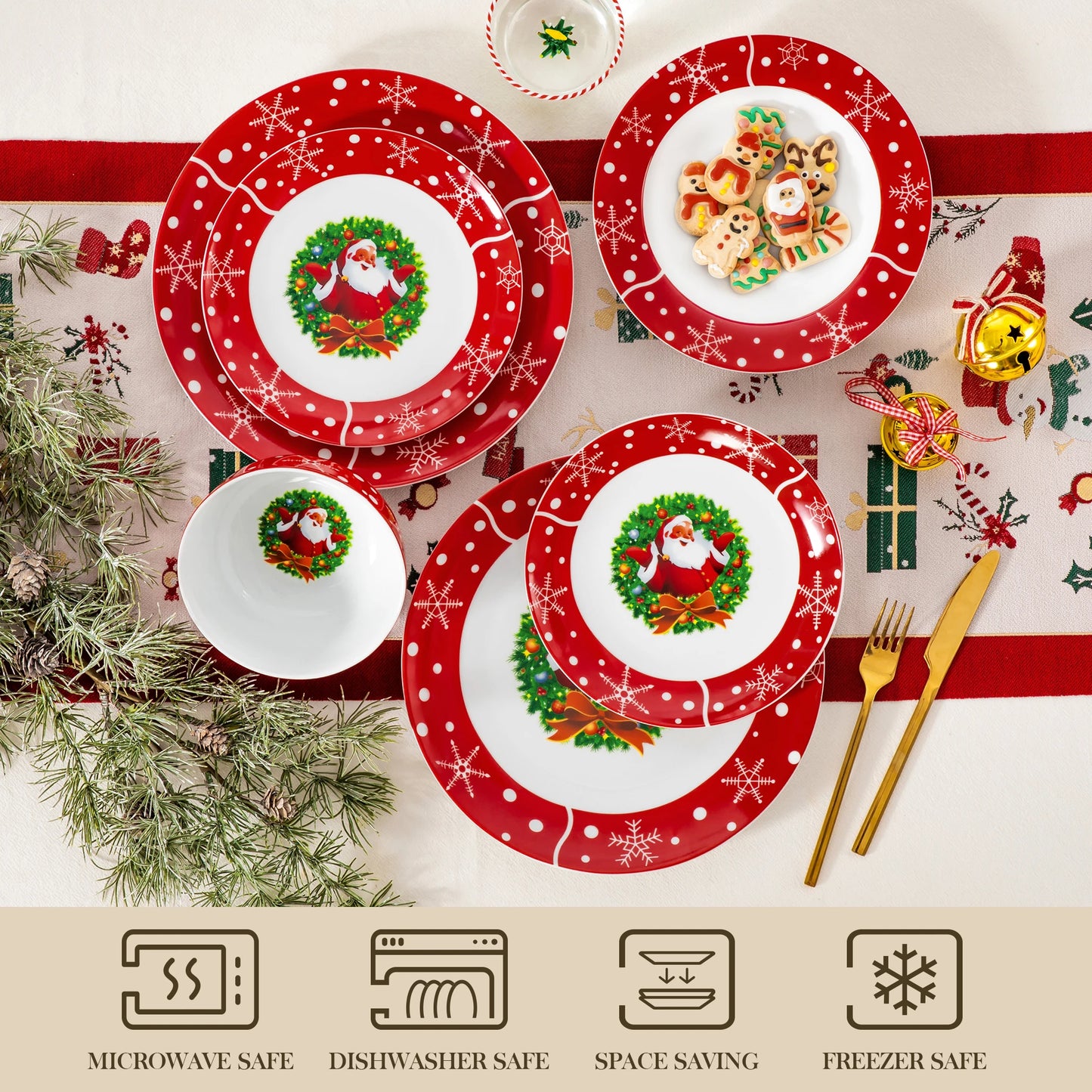 Santa Claus Christmas Dinnerware Set with Dinner Plates, Dessert Plates, Soup Plates & Cups, Premium-Grade Porcelain, Microwave & Dishwasher Safe