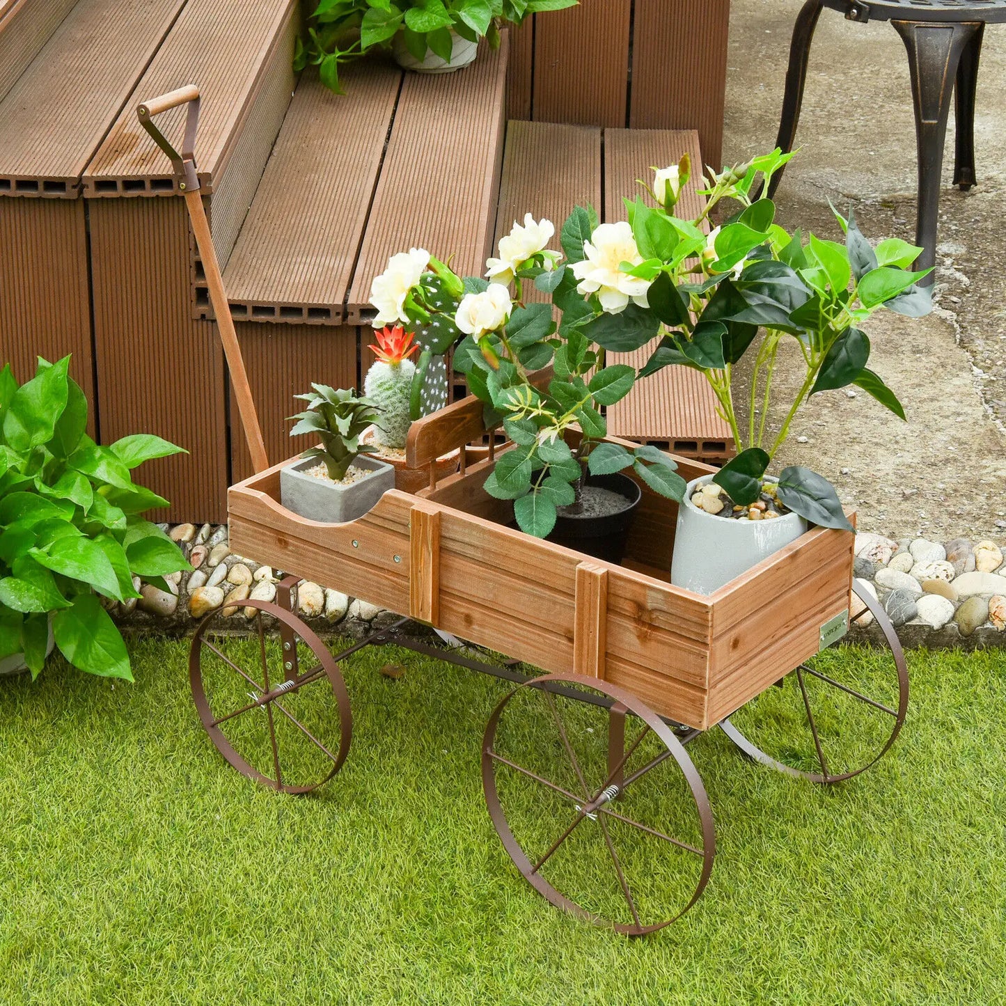 Wood Wagon Garden Planter with Wheels & Pull Handle, 2 Planting Sections