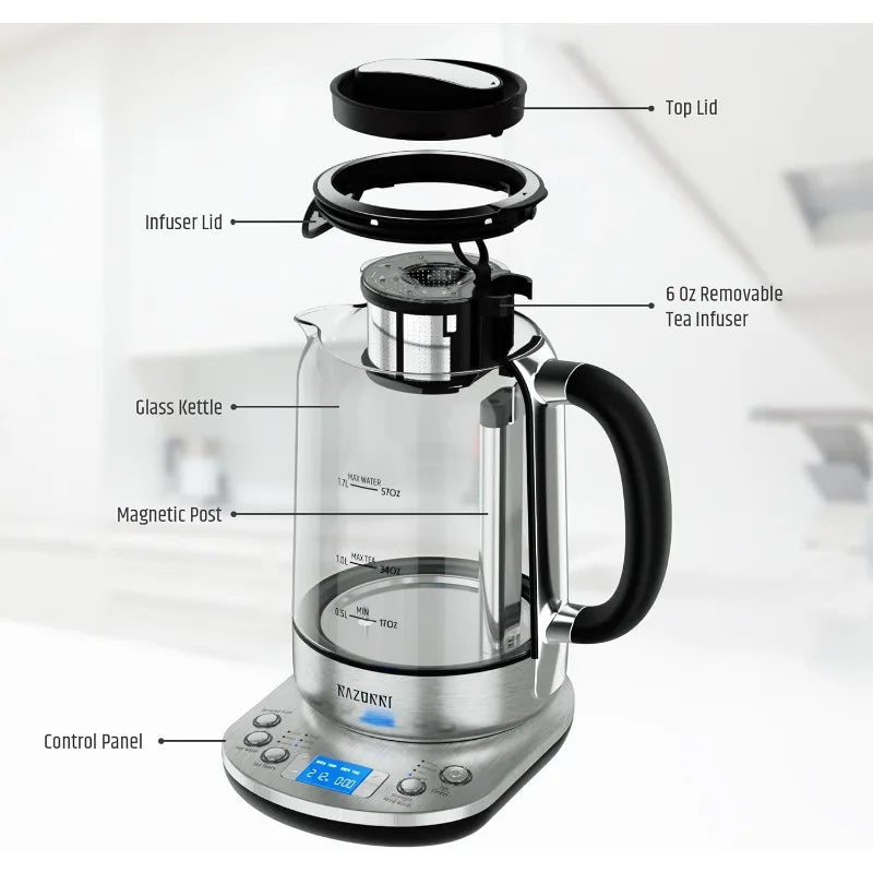 Electric Tea Maker 1.7L with Automatic Infuser Basket, Glass & Stainless Steel Kettle, 5 Temp Presets, 3 Brew Strengths