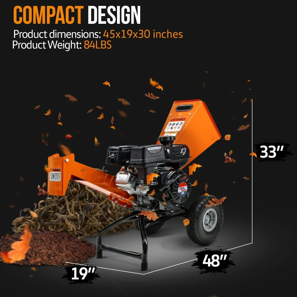 Compact Wood Chipper with OHV 7HP Gas Engine, Adjustable Discharge Chute & Sturdy Stand, Handles Up to 3" Diameter Wood