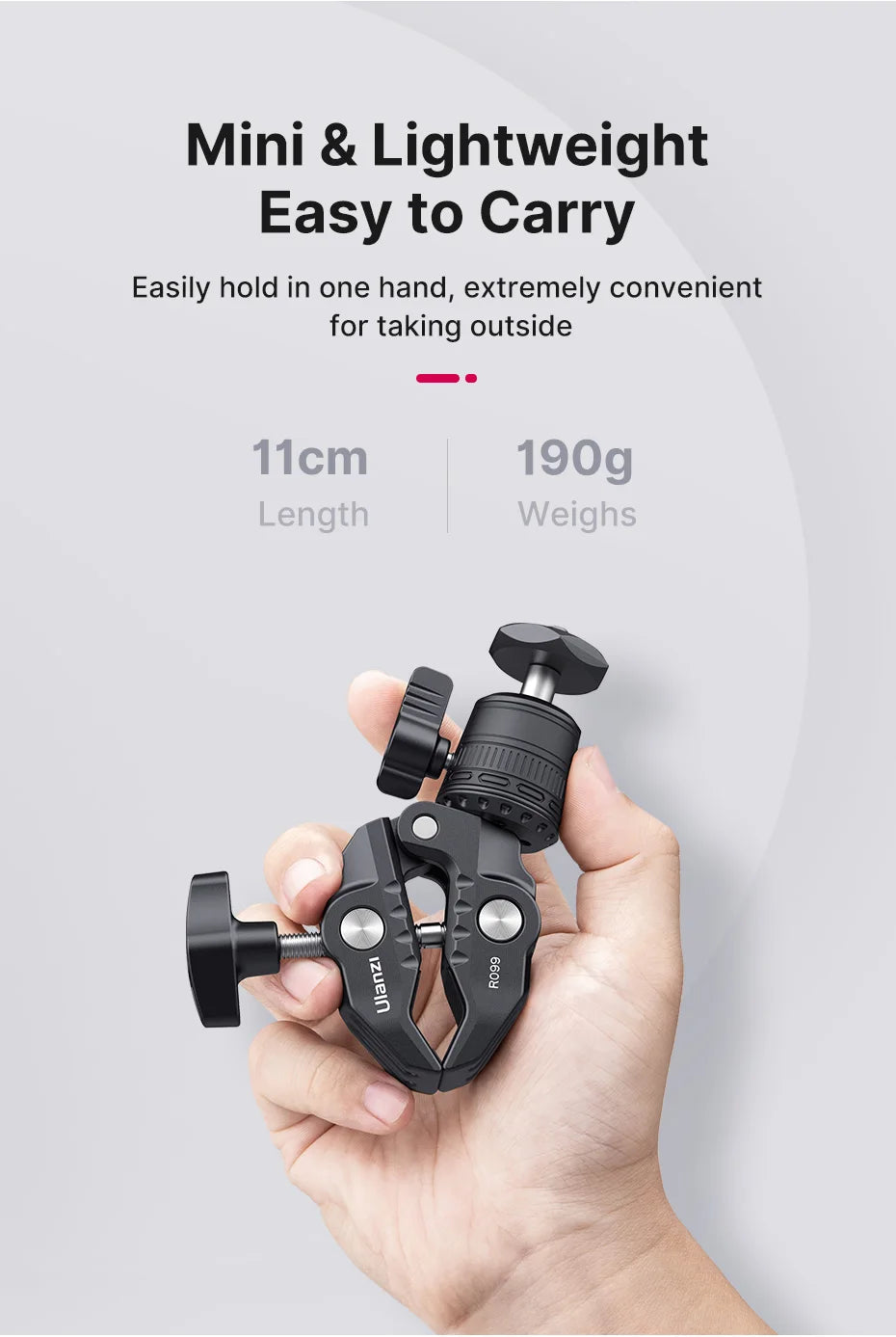 Quick Release Super Clamp with 360° Mini Ball-Head, 1/4" Stud Mount for Cameras, One-Piece Design & User Friendly