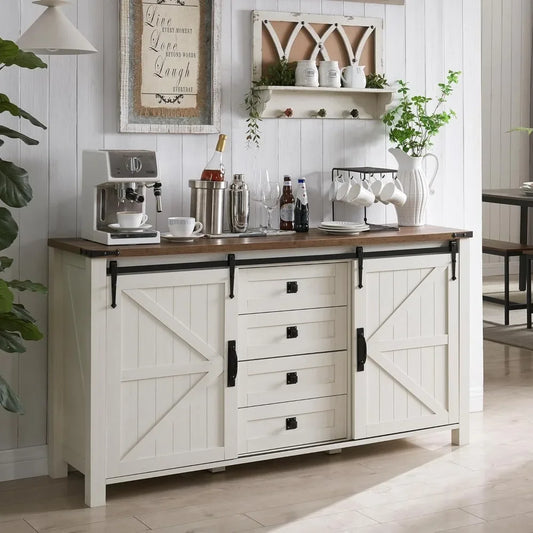 Farmhouse Sideboard Buffet Cabinet with 2 Classic Sliding Barn Doors, 2 Adjustable Shelves & 4 Functional Drawers, 1" Thick Tabletop