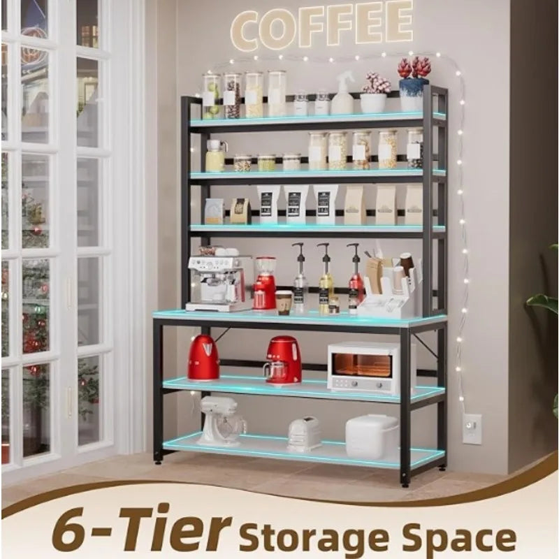 Freestanding Baker's 6-Tier Rack with Open Hutch & Storage, Rust-Free Powder-Coated Metal Frame with Adjustable Leg Studs