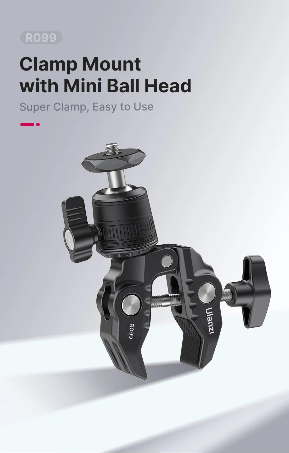 Quick Release Super Clamp with 360° Mini Ball-Head, 1/4" Stud Mount for Cameras, One-Piece Design & User Friendly