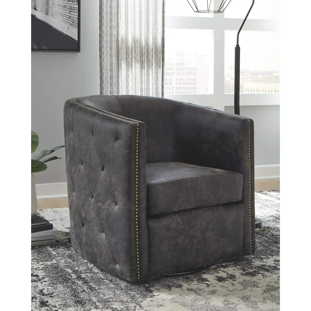 Distressed Black Tufted Barrel Back Swivel Chair with Brass-Tone Nail Head Accents