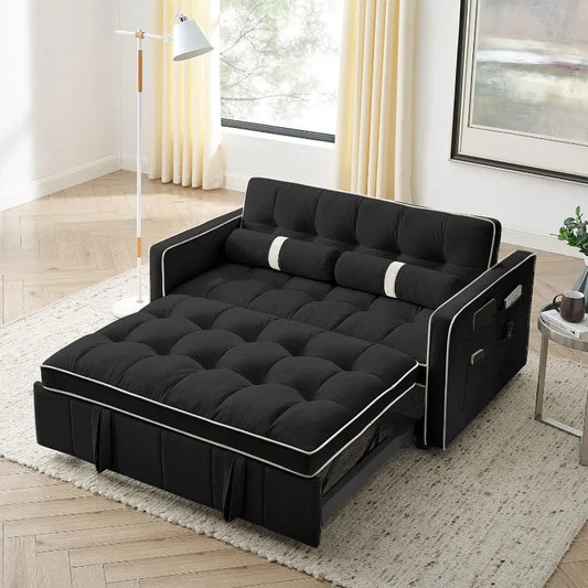 Sleeper Sofa Couch Bed, 3-in-1, Tufted Velvet Convertible Loveseat with Pullout Bed, Adjustable Backrest