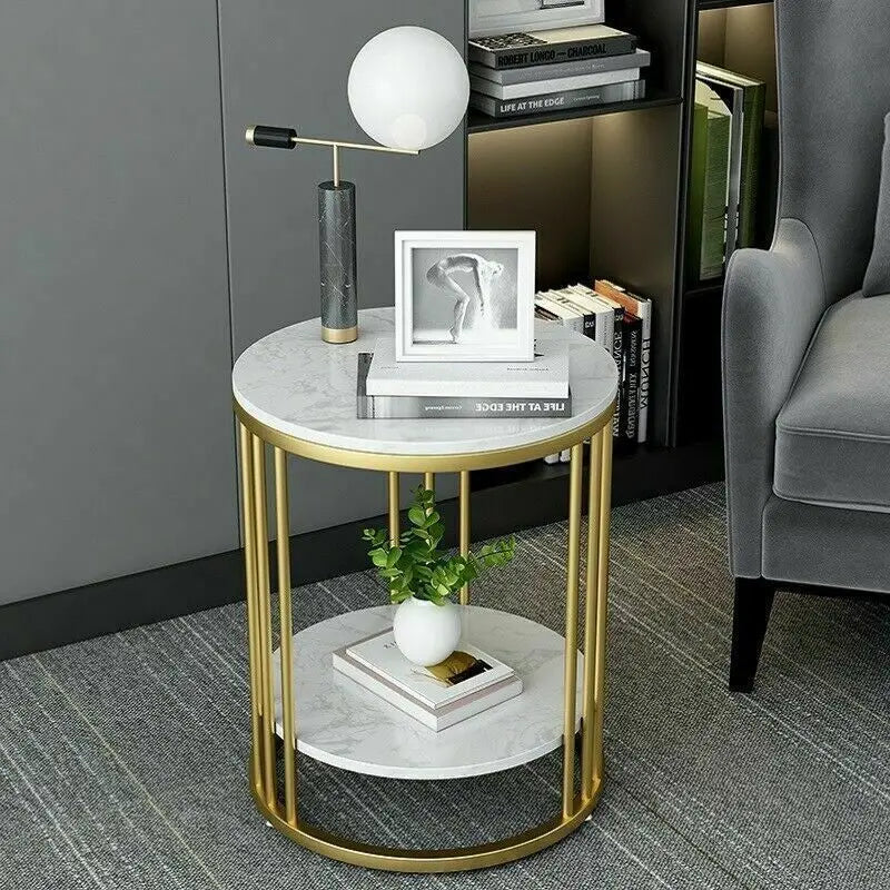 Round 2-Layer White Sintered Stone End Table with Golden Metal Frame, Small Round Coffee Table