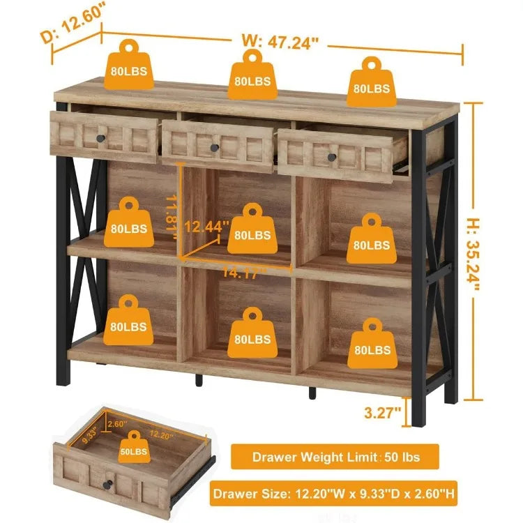 Rustic 3-Tier Sofa Table with 3 Drawers, Hallway Entry Table with Natural Wood Grain & Industrial Metal Frame