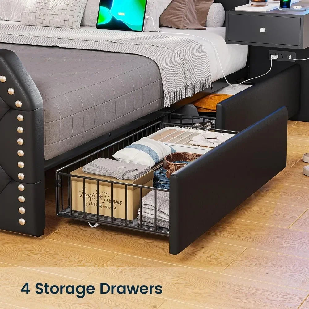 Queen Size 53” Tall Platform Bed Frame with 4 Under the Bed Storage Drawers, Built-in Charging Station, RGB LED Headboard Lights & 2 Mirrors