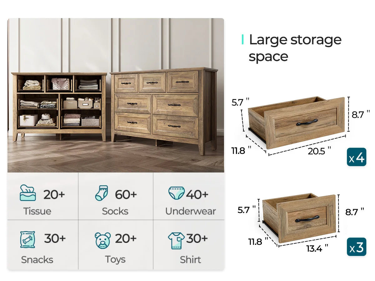 Long Wood Dresser with 7 Drawers & Metal Handles, Made with Eco-Friendly Wood