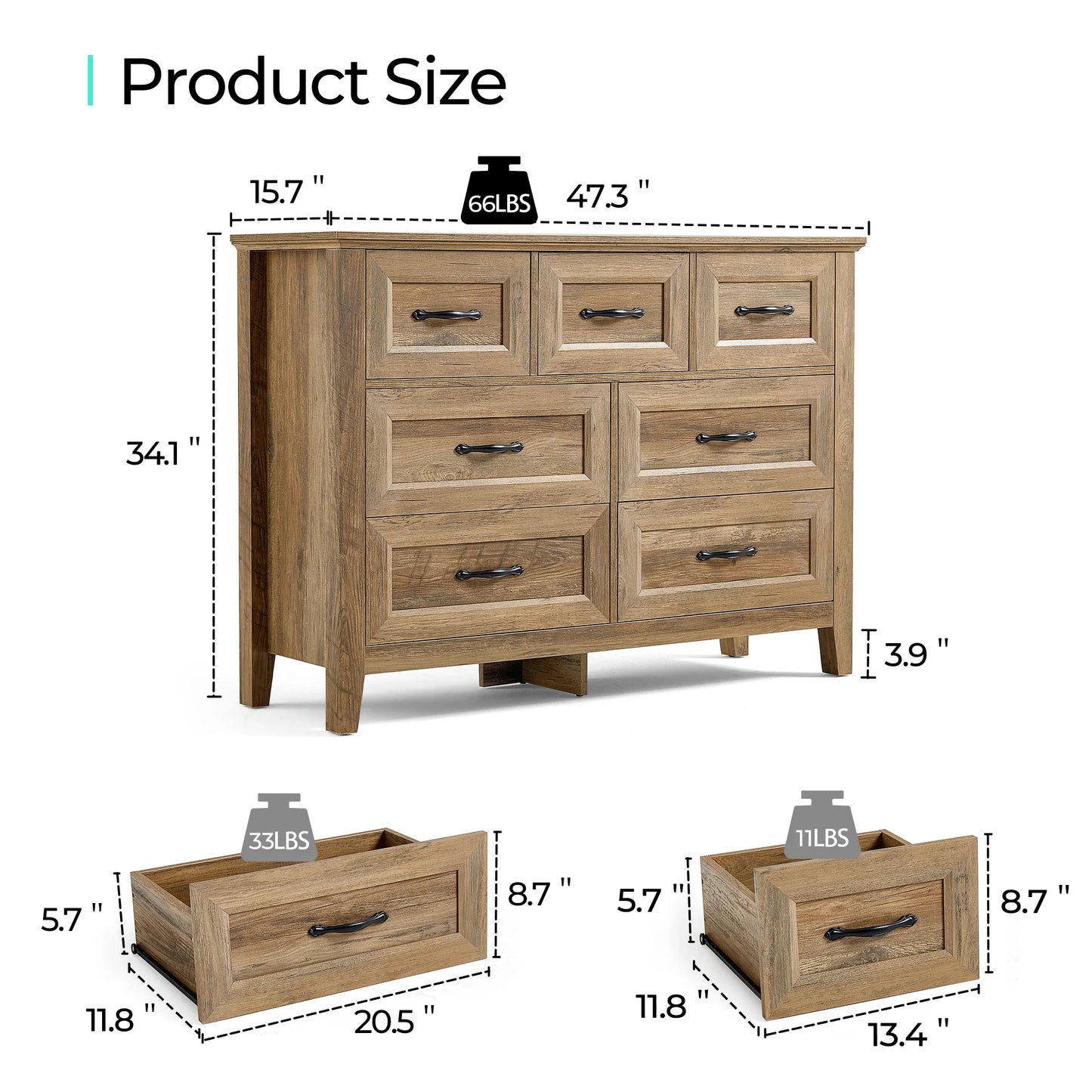 Long Wood Dresser with 7 Drawers & Metal Handles, Made with Eco-Friendly Wood