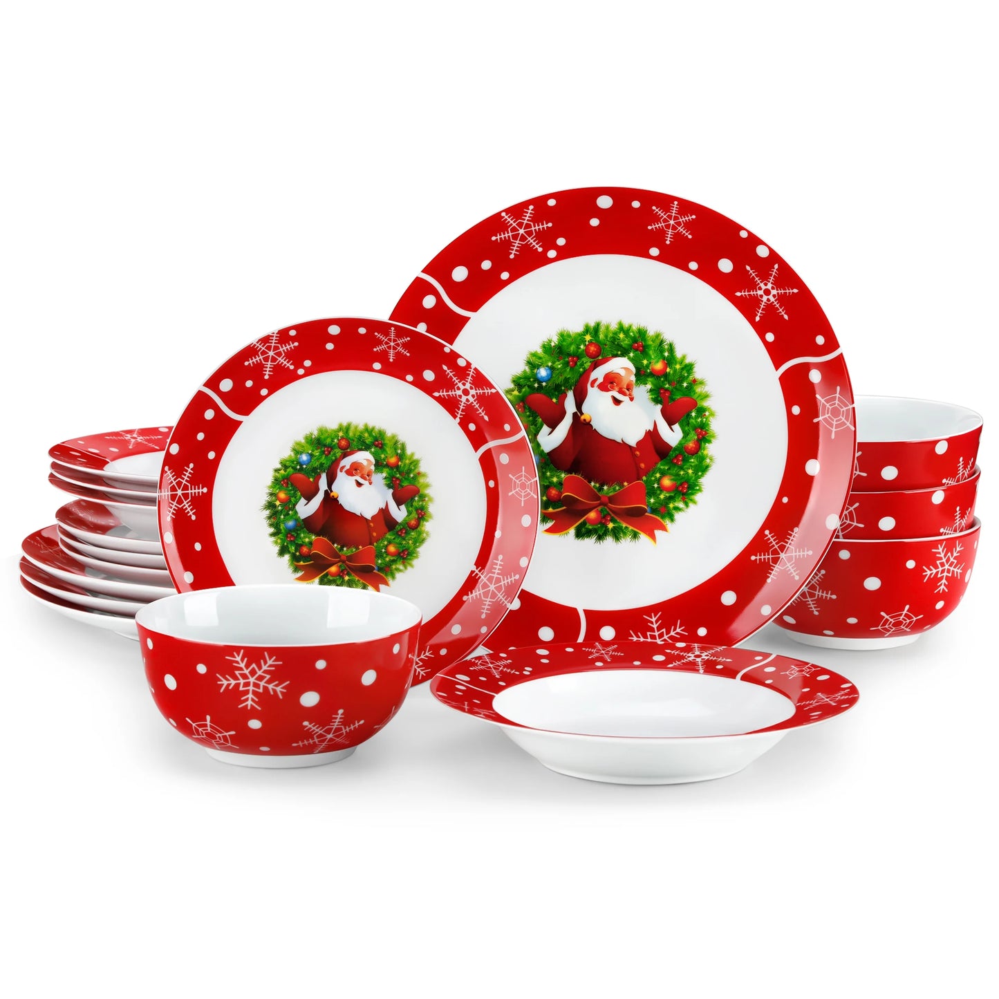 Santa Claus Christmas Dinnerware Set with Dinner Plates, Dessert Plates, Soup Plates & Cups, Premium-Grade Porcelain, Microwave & Dishwasher Safe