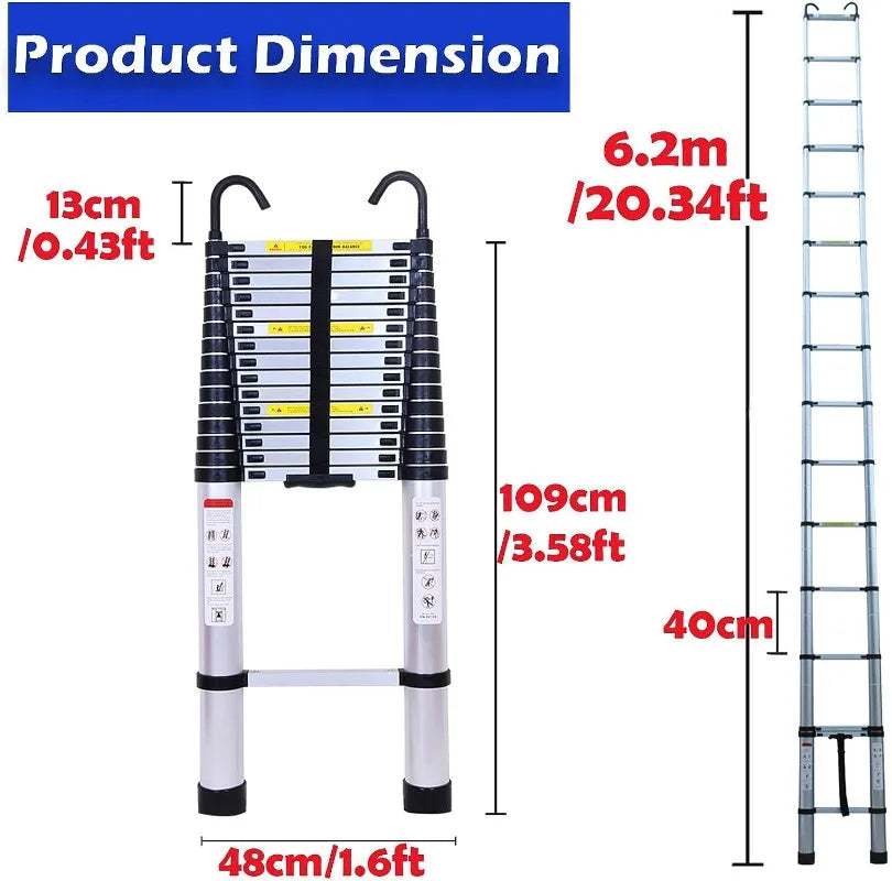 Telescoping Aluminum 20' Ladder with 2 Detachable Hooks, Anti-Slip Rubber Feet