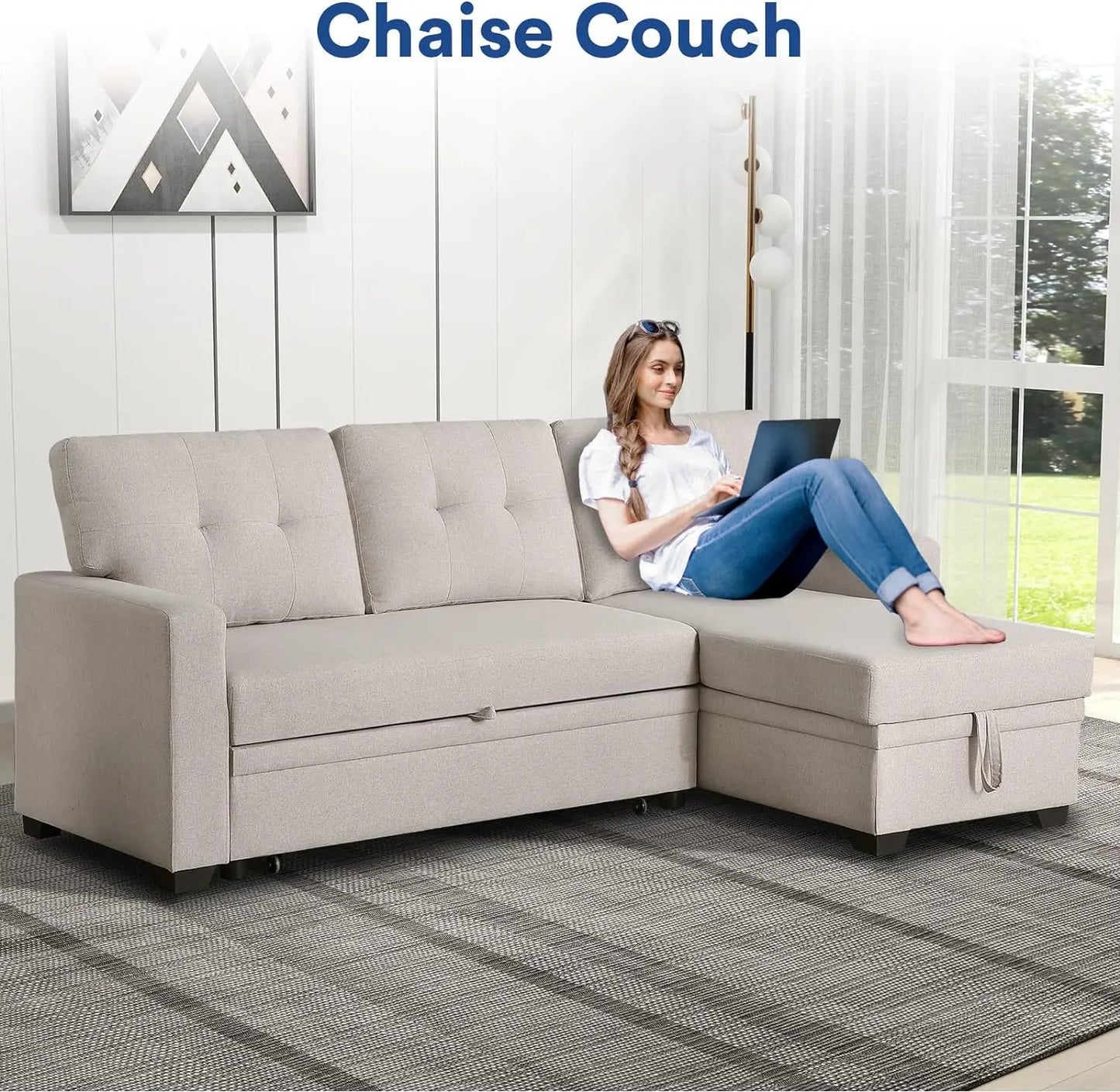 L-Shaped Chaise Couch with Storage & Pull Out Bed, Multifunctional Comfy Sectional Sleeper Sofa