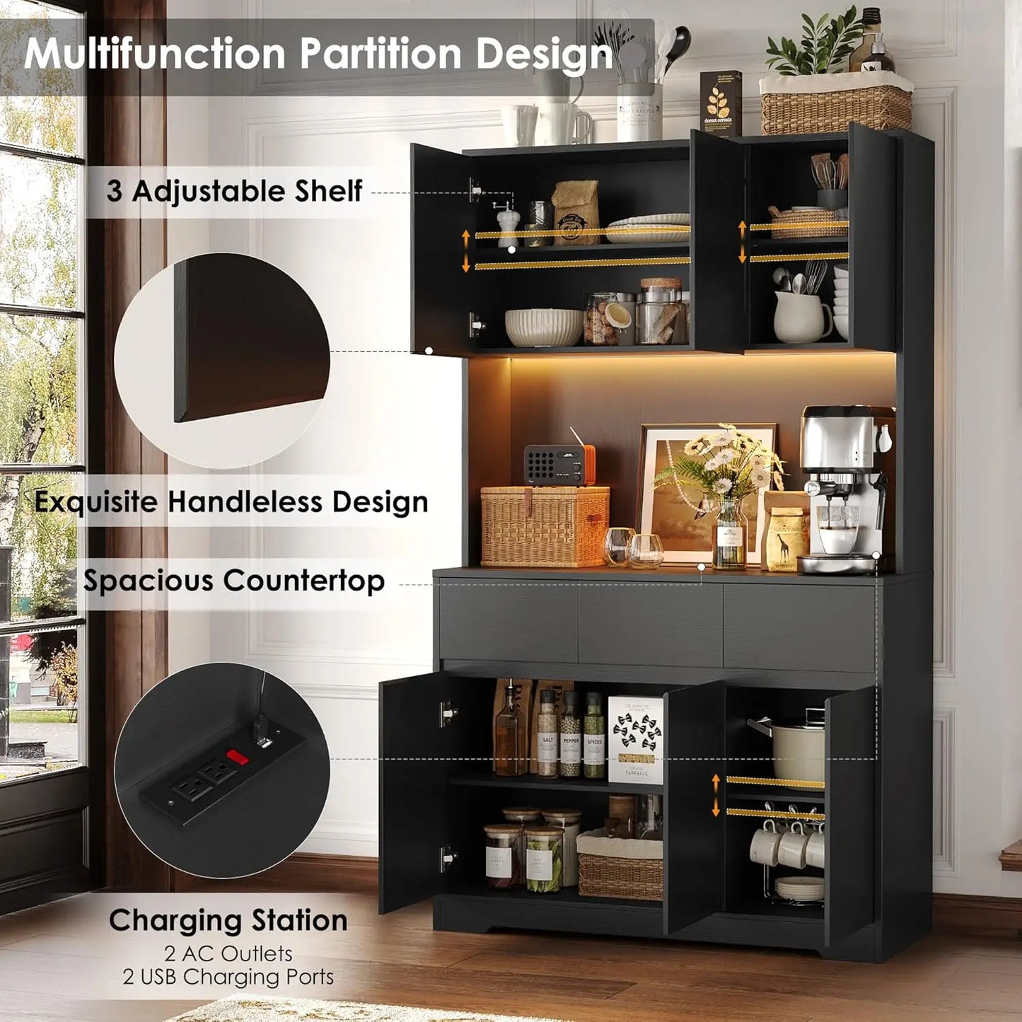 Kitchen Pantry Storage Cabinet with 4 Cabinets, 3 Drawers, Power Outlets, Led Lights & Open Countertop for a Microwave