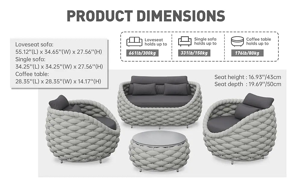 Outdoor Terrace 4-Piece Sofa Set with Aluminum Frame, Handwoven Polyester Braided Ropes, Sintered Stone Tabletop & Zippered Cushions